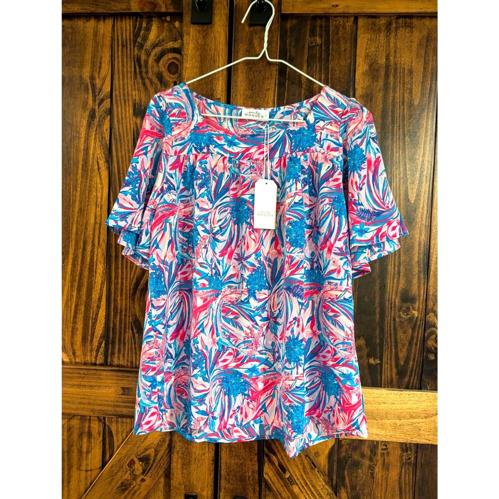 NWT Emily Wonder womens sz small blue pink short sleeve flowy blouse top